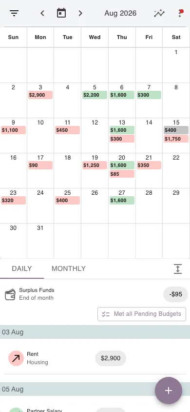 Budgetezy monthly calendar on mobile