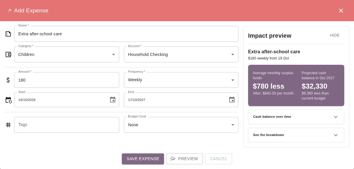 Add Expense dialog with an unsaved recurring expense on the left and its 12-month Impact preview on the right