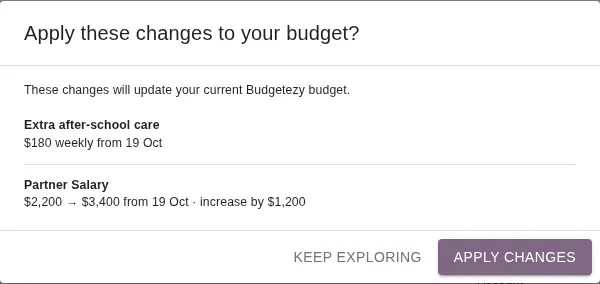 Apply these changes to your budget review dialog showing proposed updates with Keep exploring and Apply changes buttons