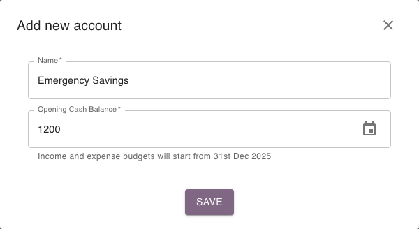New account form showing an opening cash balance and calendar control.