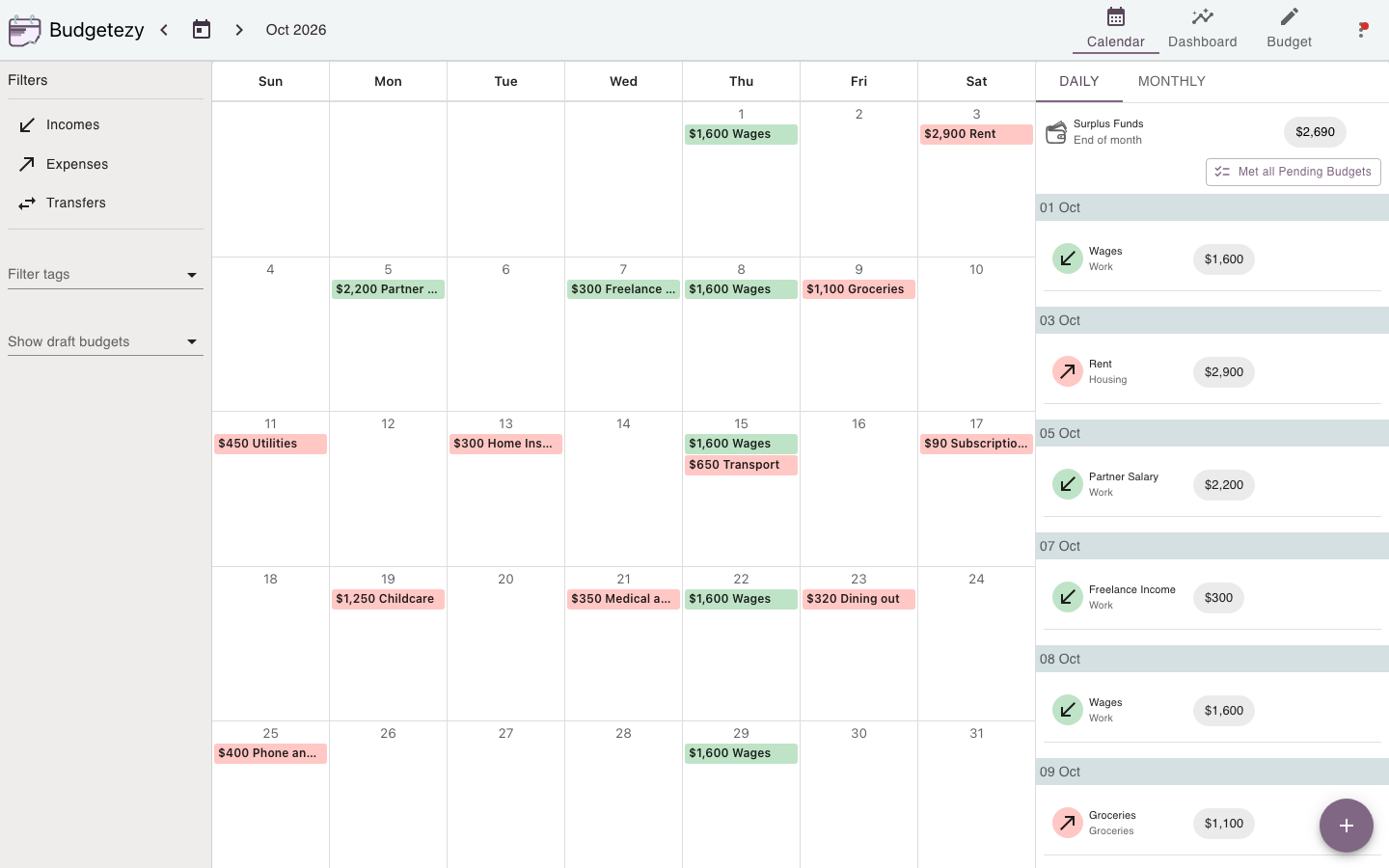 Budget Calendar month grid with planned events and its Filters panel.