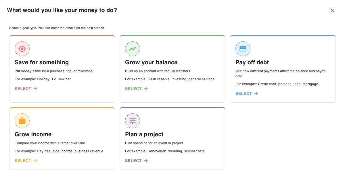 The Goal type chooser shows Save for something, Grow your balance, Pay off debt, Grow income and Plan a project.