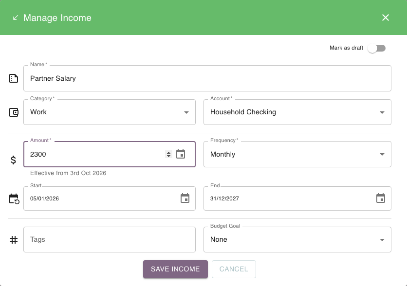 Manage Income form for Partner Salary, with the amount and Effective from date visible.