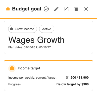 Wages Growth Goal details show the linked income, its target and the comparison progress.