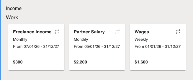 Manage Budget income cards grouped under the Work category.