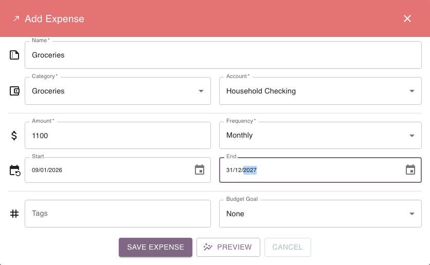 Add Expense form showing the amount, account and schedule fields.