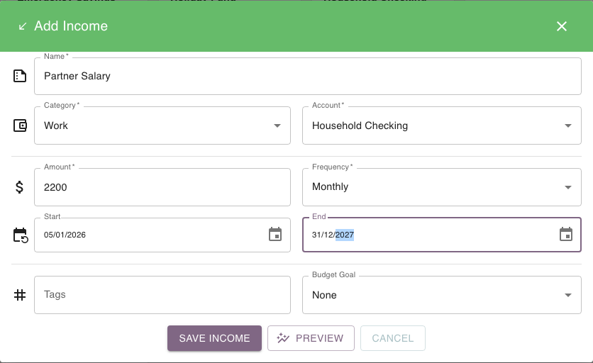 Add Income form showing the amount, account and schedule fields.