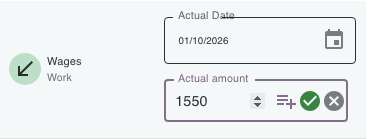 Calendar agenda with a planned income's Actual Date and Actual amount fields open.