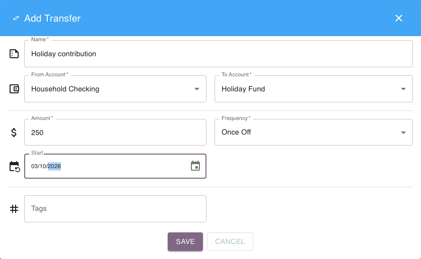 Add Transfer form with Household Checking selected as From Account and Holiday Fund selected as To Account.
