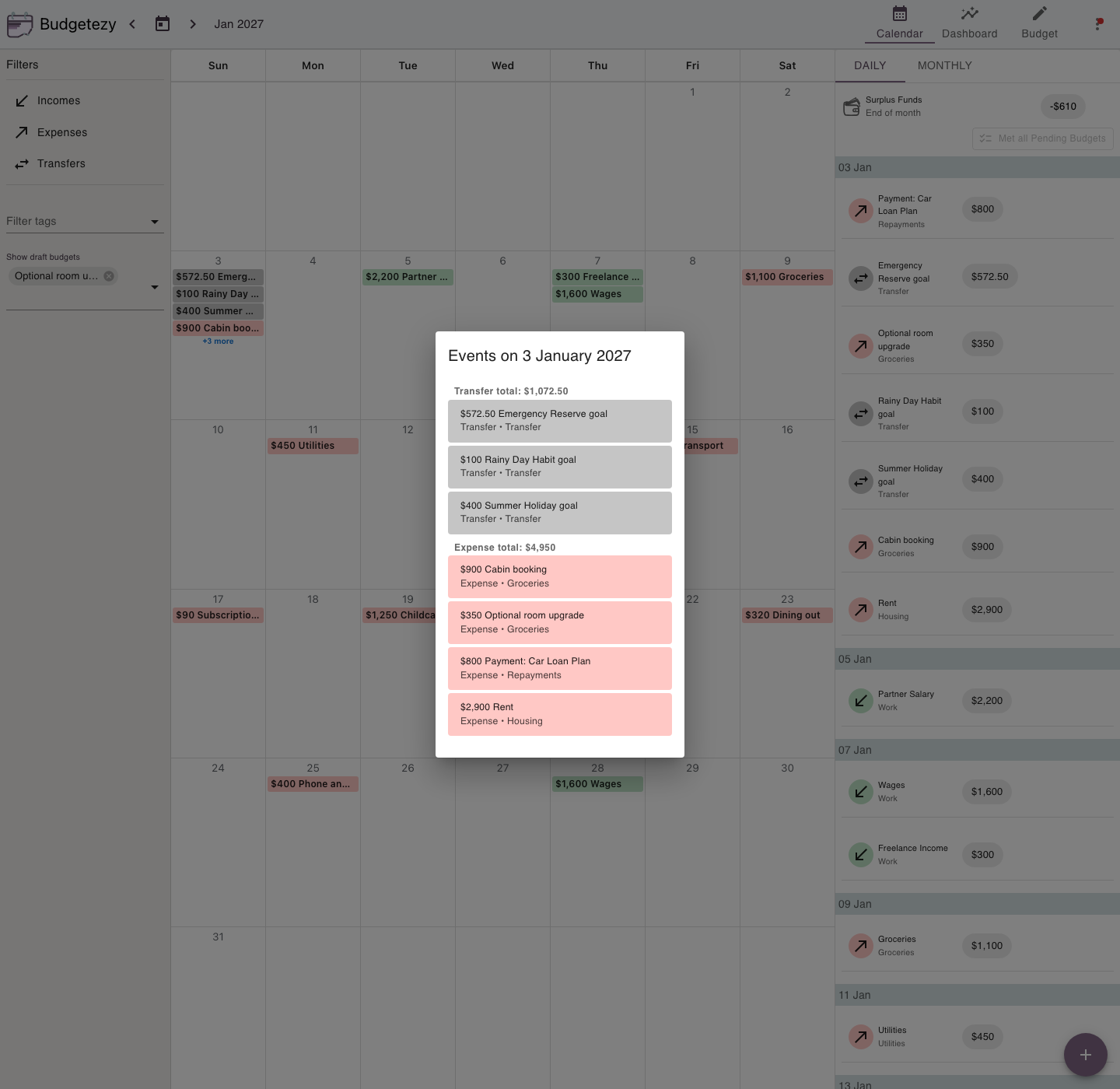Calendar with Optional room upgrade selected under Show draft budgets and included in the open +N more day-events list.